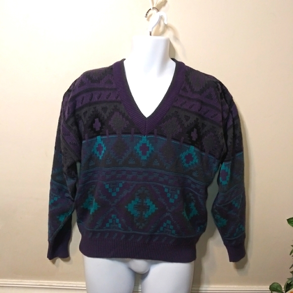 Vintage 1992 Purple Gray & Turquoise 3D Textured Aztec Patterned Grandpa Sweater - Picture 7 of 7